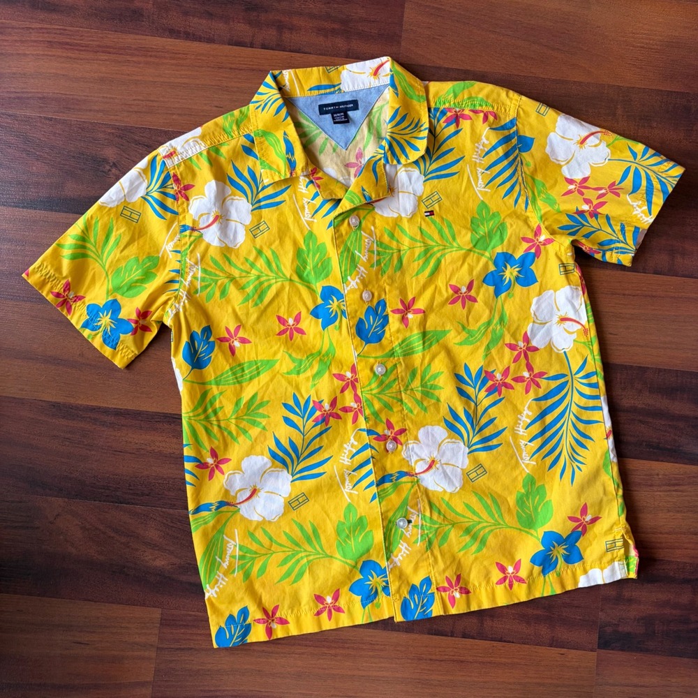 Tommy Hilfiger Boys Yellow Tropical Hibiscus Floral Hawaiian Vacation Vibe Shirt